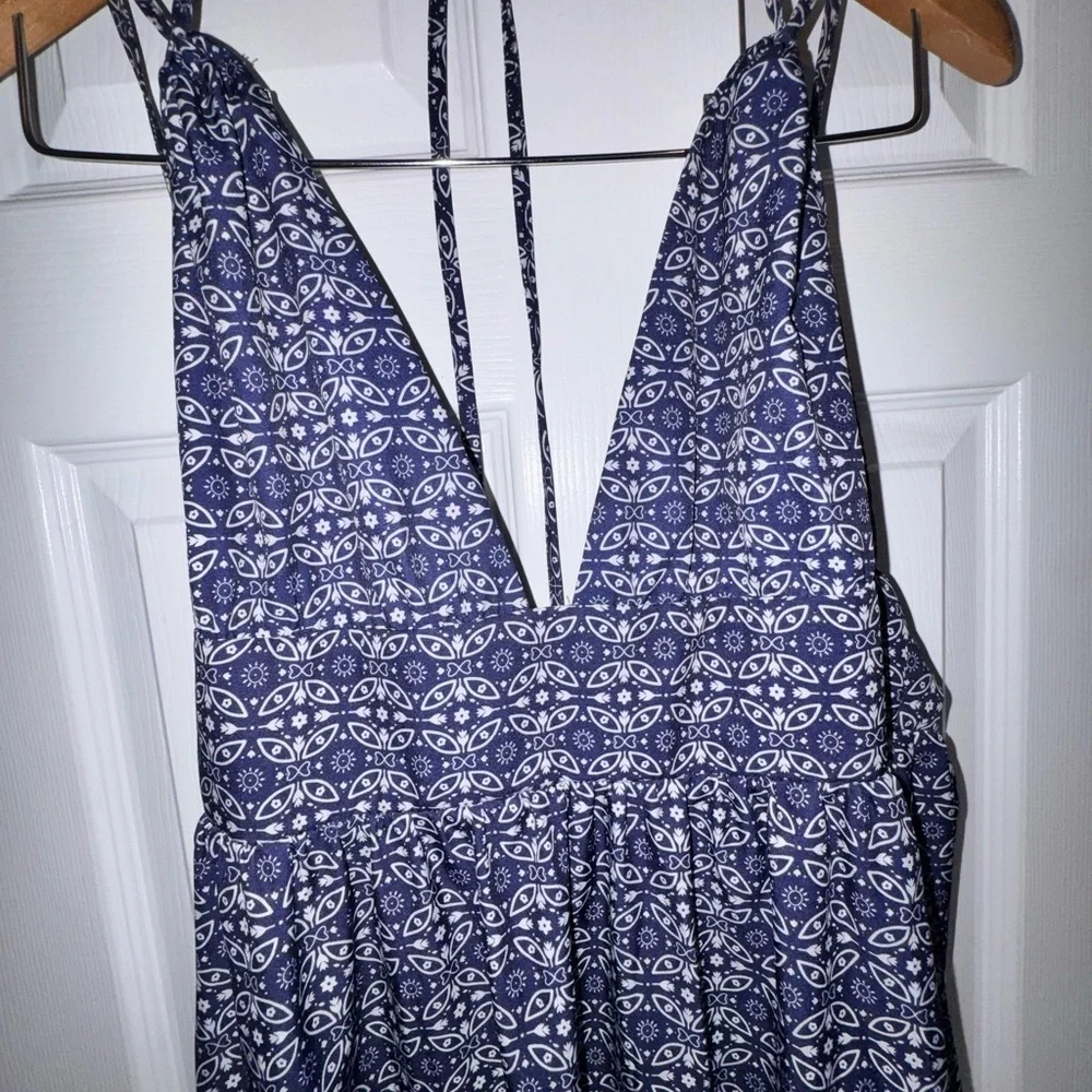 Evil Eye Navy Blue Boho Halter Maxi Dress | Deep V Neck | Tie Back | Size Small - Picture 3 of 6